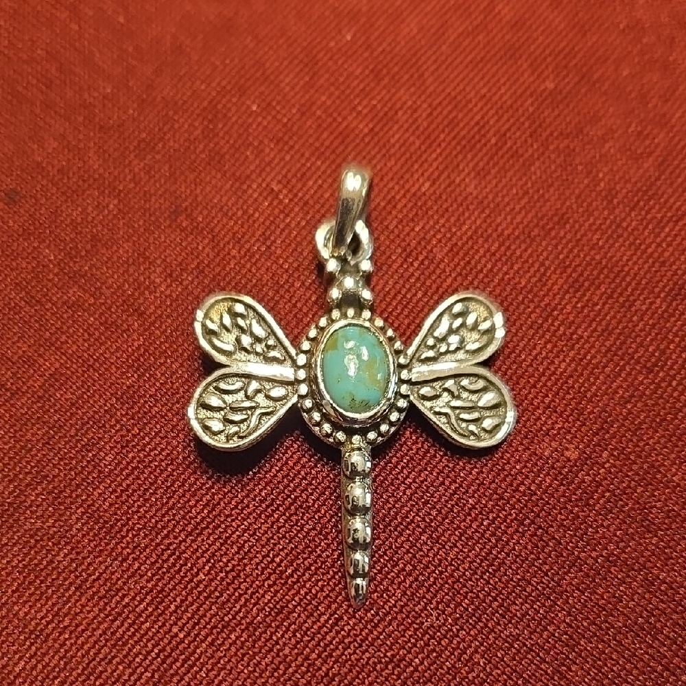 925 Sterling Silver Dragonfly Pendant with Kingman Turquoise Accent